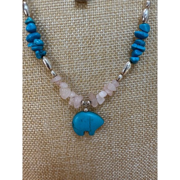 Layered Turquoise Look & Silver Tone Necklace Set With Cross & Bear Pendants - Picture 2 of 10